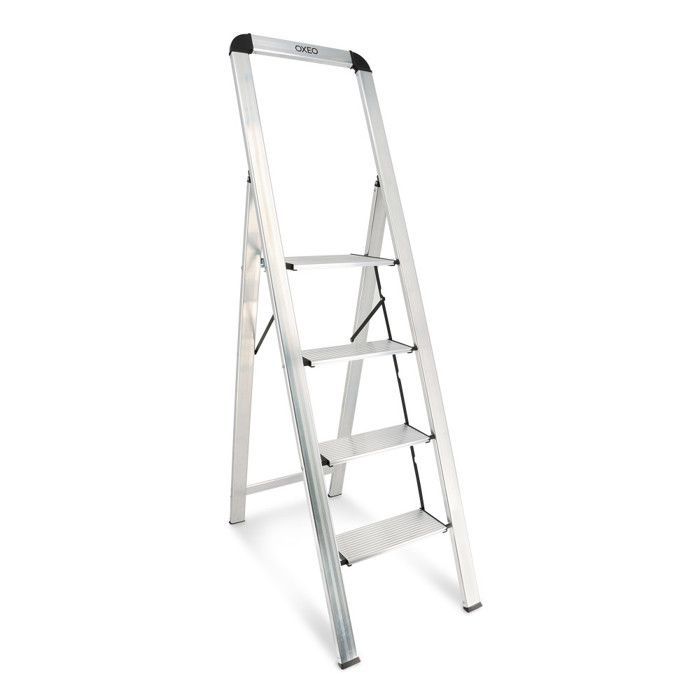 Oxeo – Ultradünne und ultraleichte Trittleiter, 100 % Aluminium – 4 Stufen – 5,5 cm dick
