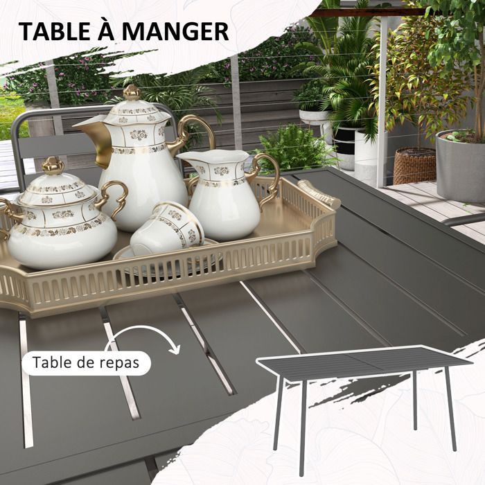 Conjunto de comedor de jardín Outsunny de 7 piezas con 1 mesa y 6 sillas apilables en acero gris.