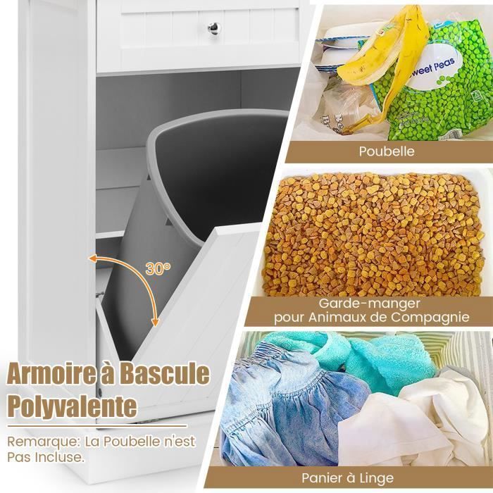 Aparador de cocina COSTWAY con superficie de goma, 2 cajones, estante ajustable y armario para alojar un cubo de basura de 42 litros, blanco.