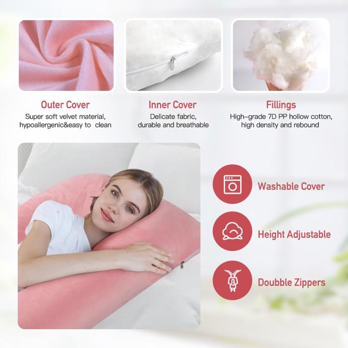 Coussin de Grossesse - Oreiller pour Femme Enceinte en Forme de U pour Dormir - Rose - Velours