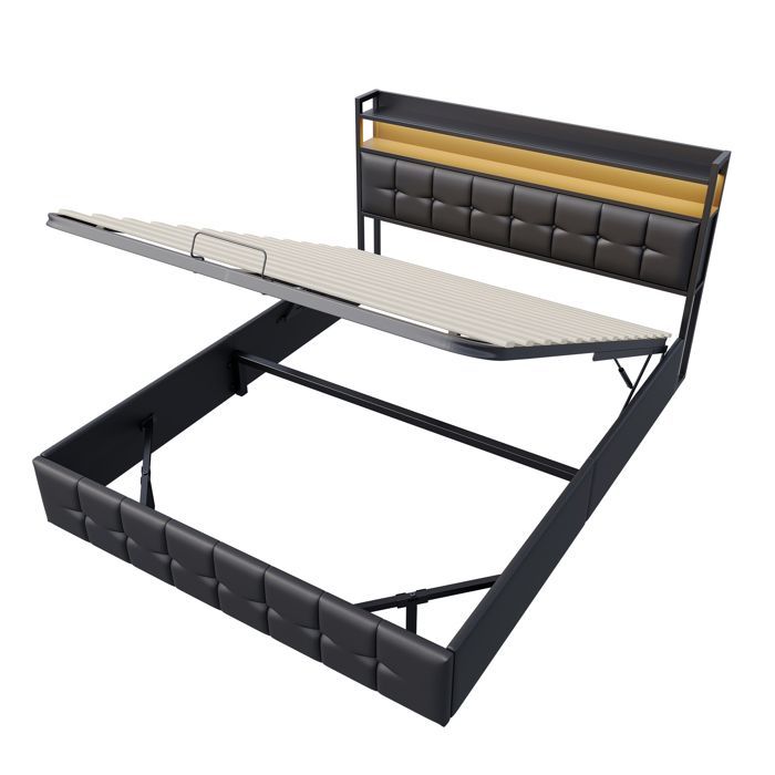 160x200cm storage bed, double bed frame with LED and USB ports, adult bed with 4 drawers, slatted base, mattress not included, PU upholstery, black