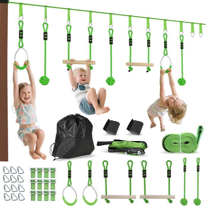 Parcours d'obstacles Ninja pour enfants - AIYAPLAY - 10 M - 7 pièces charge 50 kg - installation facile - vert