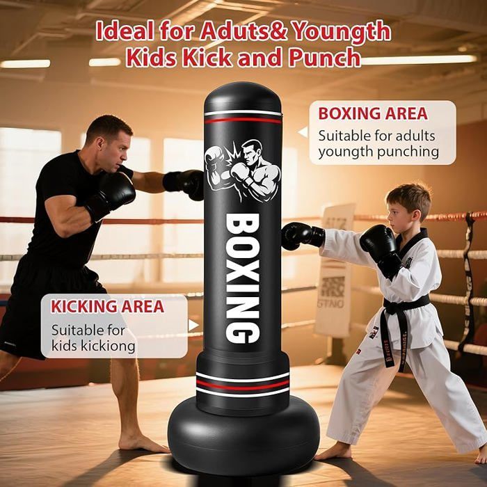 Sacco da boxe gonfiabile autoportante per adulti, completo di guantoni e pompa ad aria, 190 cm, ideale per l'allenamento.