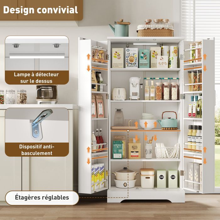 Küchenbuffet – MODERNLUXE – 60 x 35 x 128 cm – LED-Sensorbeleuchtung – 2 Türen – 5 verstellbare Einlegeböden – Weiß