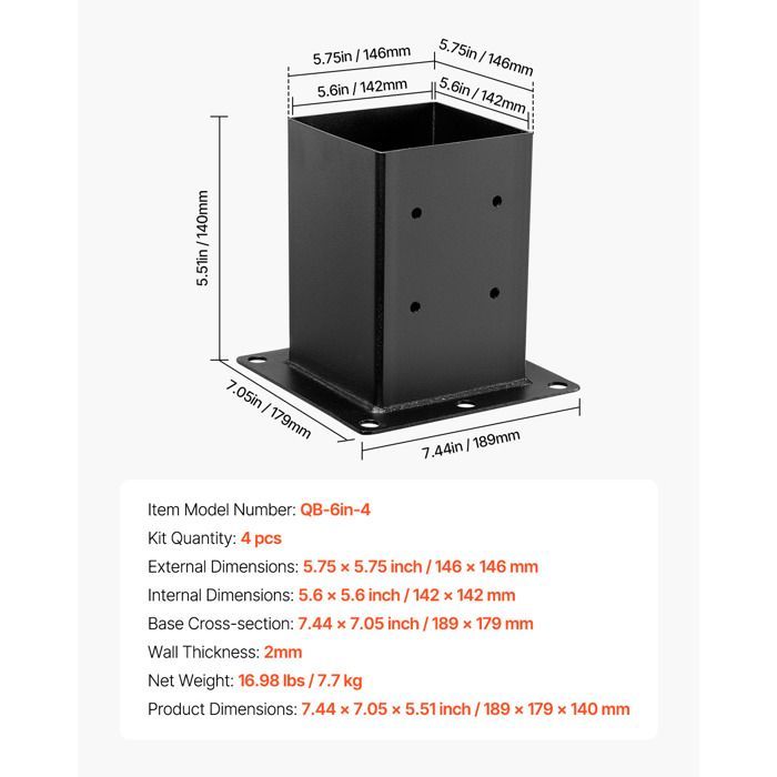 Soporte para poste de madera VEVOR de 140x140 mm - Base para poste - Paquete de 4 - Tamaño interno 142x142 mm - Fabricado en acero al carbono robusto - Negro