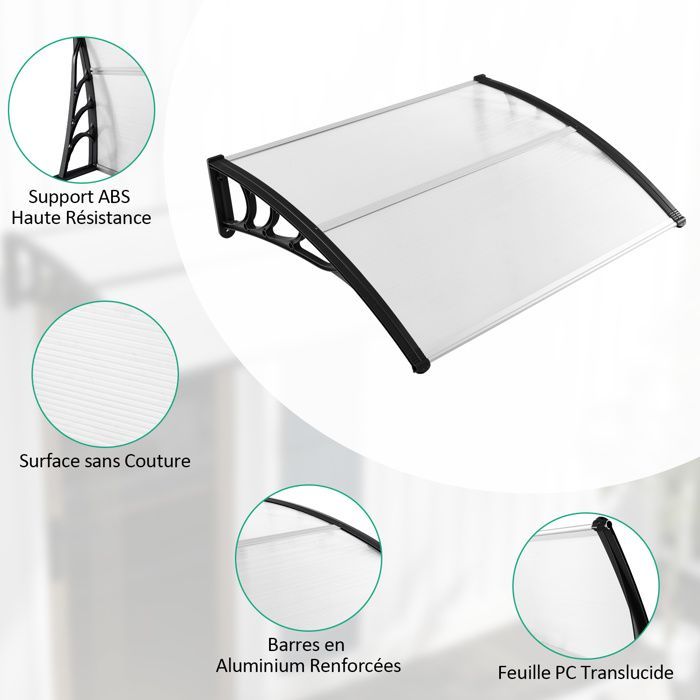COSTWAY Auvent Marquise de Porte et Fenêtre 122 x 99 cm-en Polycarbonate Transparent-Protection contre Soleil,Pluie,Neige-Noir