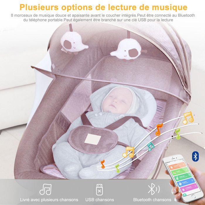 3-in-1 elektrische babyschommel met afstandsbediening - wipstoel/wieg met 5 schommelsnelheden - Bluetooth-muziek - Roze