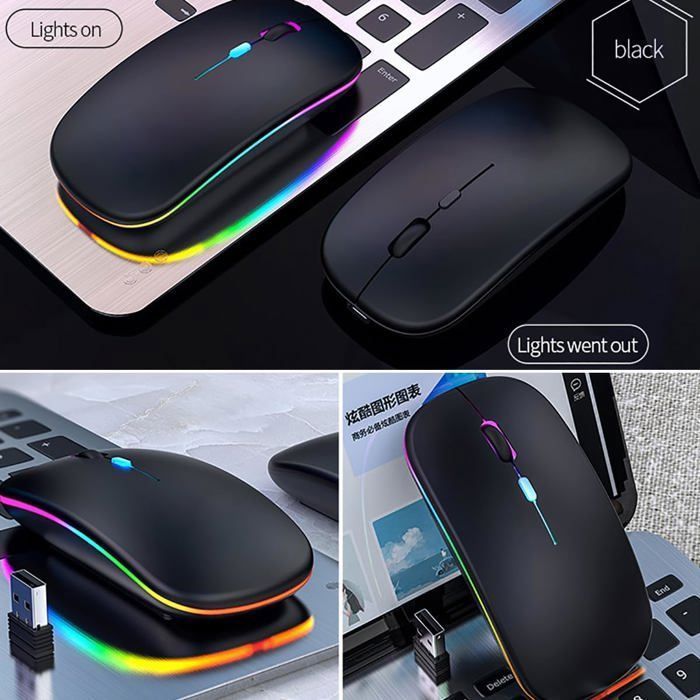 Souris sans Fil, Bluetooth - récepteur USB 2,4 GHz - Rechargeable, pour PC et Ordinateur Portable Compatible, Noir
