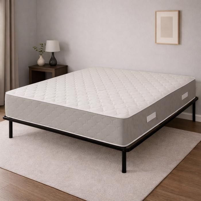 Colchón de 200x200x23 cm, base de cama con patas y superficie de contacto de látex (densidad de 80 kg/m³) - Tejido 100% algodón - Soporte firme