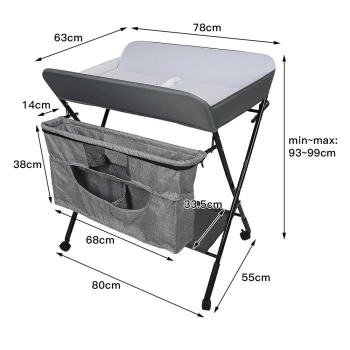 Willonin® Table à langer pour bébé 0-24 mois,  Plan pliable avec hauteur reglable, Support mobile roulant avec Panier de Rangement