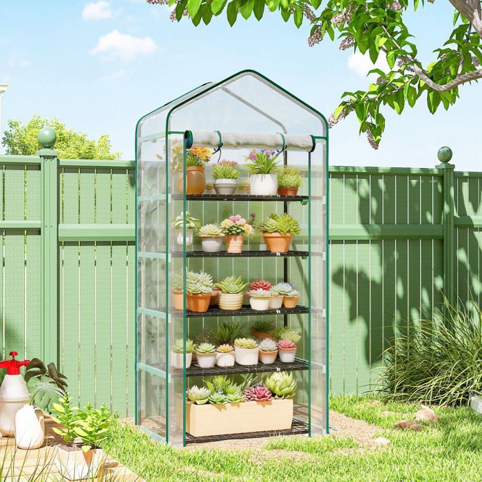 Serre de jardin - Outsunny - PVC - avec étagères 5 niveaux - châssis en acier - porte zippée enroulable - 90x49x193cm - transparent