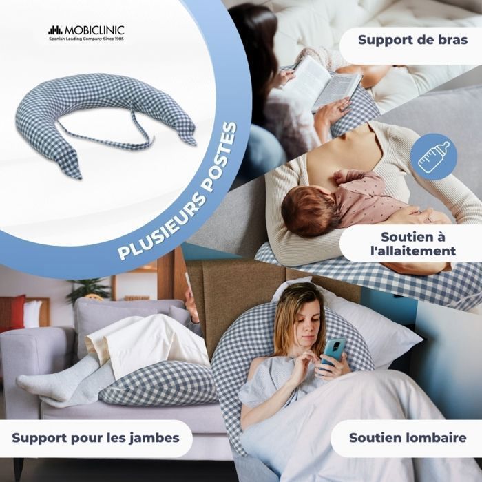 XXL 3-in-1 Mobiclinic Nursing Pillow: Multi-position, Adjustable Straps, Machine Washable, Aura Gingham Print