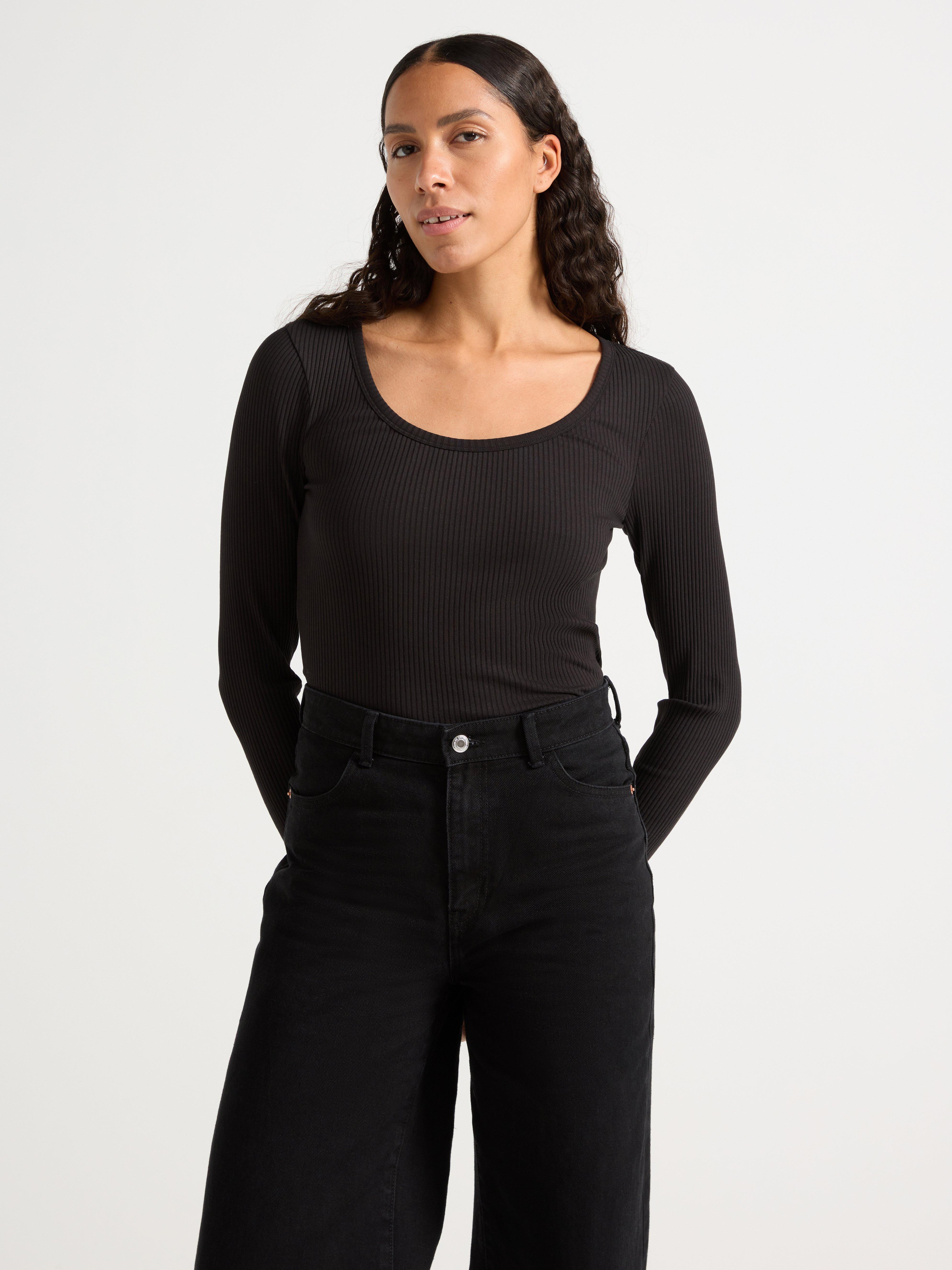 Ribbad långärmad topp Black