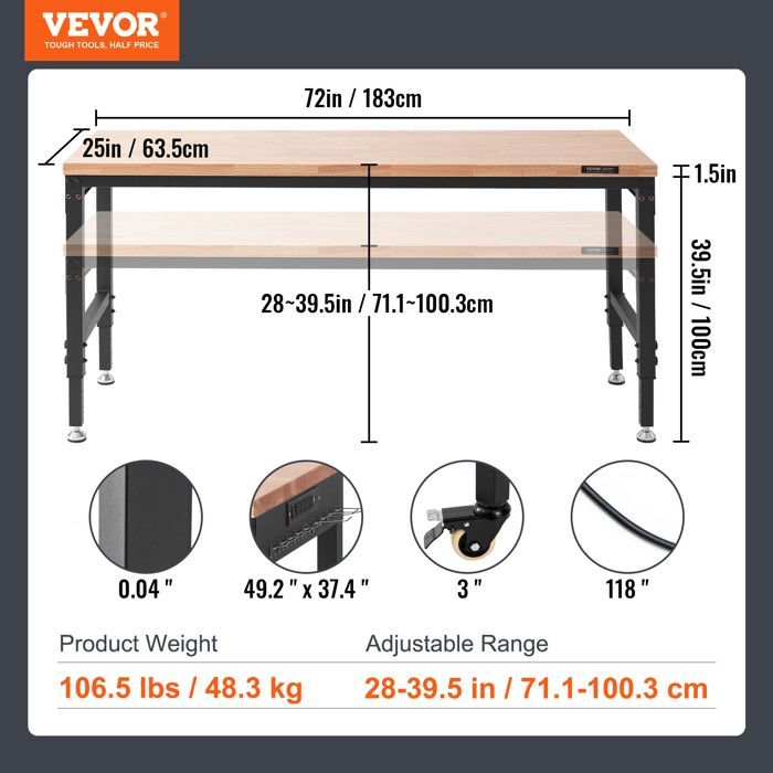 Mesa de trabajo ajustable VEVOR - 1830 x 635 mm - Mesa multiusos para el hogar/oficina - Capacidad de carga 1361 kg - Tomas de corriente