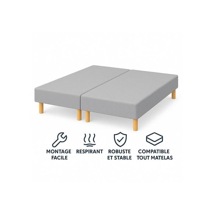 Base de cama estofada, cinza, 70x200x2 (140x200) | Feita à mão na França | Pés incluídos | Altura com pés: 27 cm