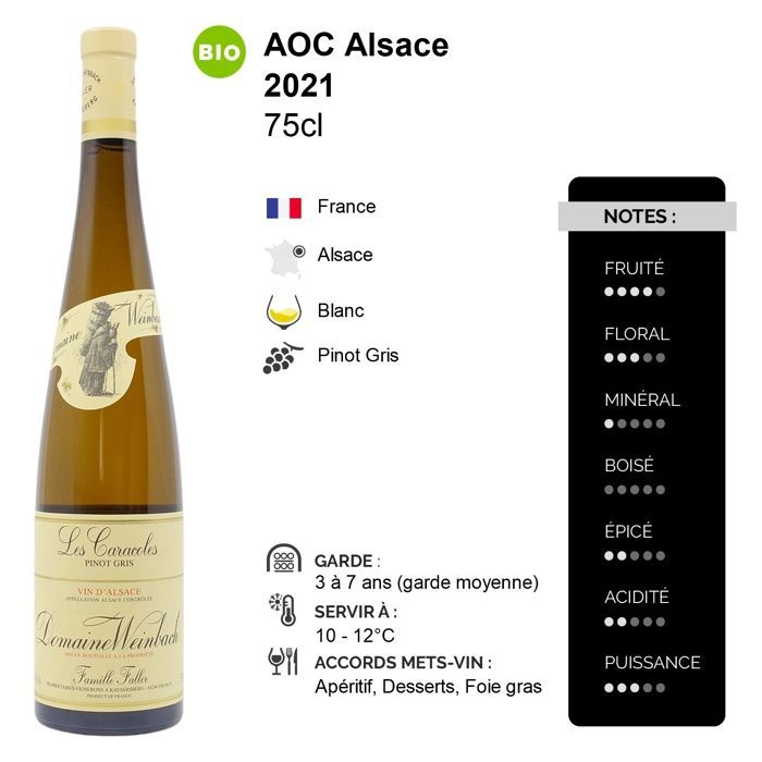 Domaine Weinbach Alsace Pinot Gris Les Caracoles 2021 – Elsässer Weißwein (3 x 75 cl) BIO