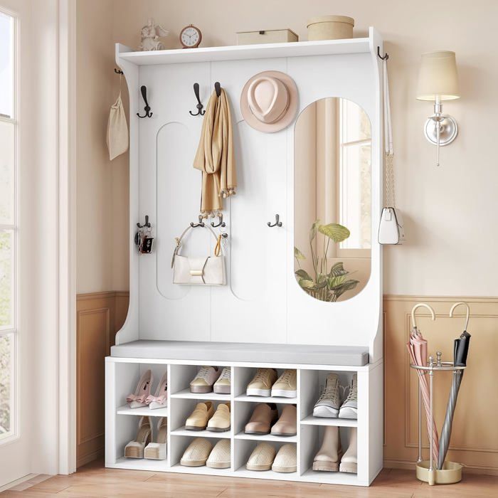 Perchero con banco para zapatos, mueble de recibidor con espejo, 10 ganchos, estantes ajustables, para pasillo, sala de estar, blanco
