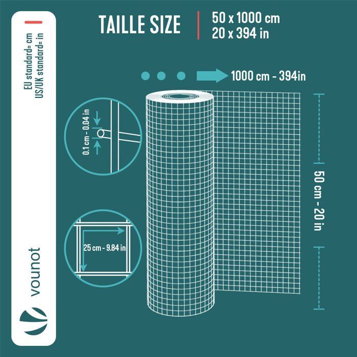 Rollo de malla de alambre soldado recubierta de PVC VOUNOT® de 0,5 x 10 m, color verde - Malla de 25 mm, alambre de 1 mm - Cercas y redes metálicas