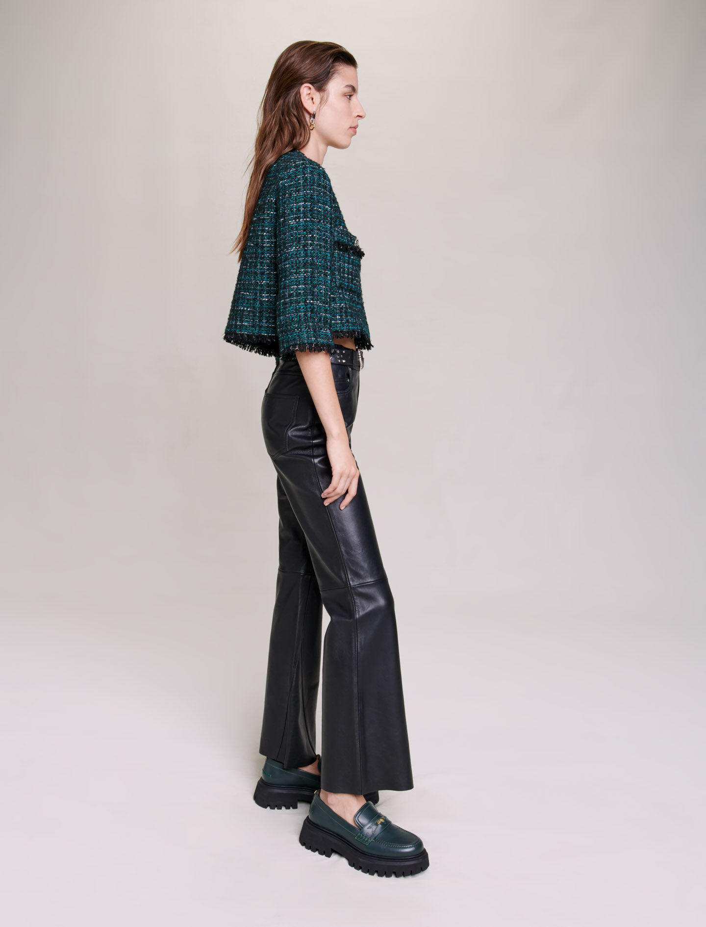 Jachetă scurtă din tweed - Verde sticlă