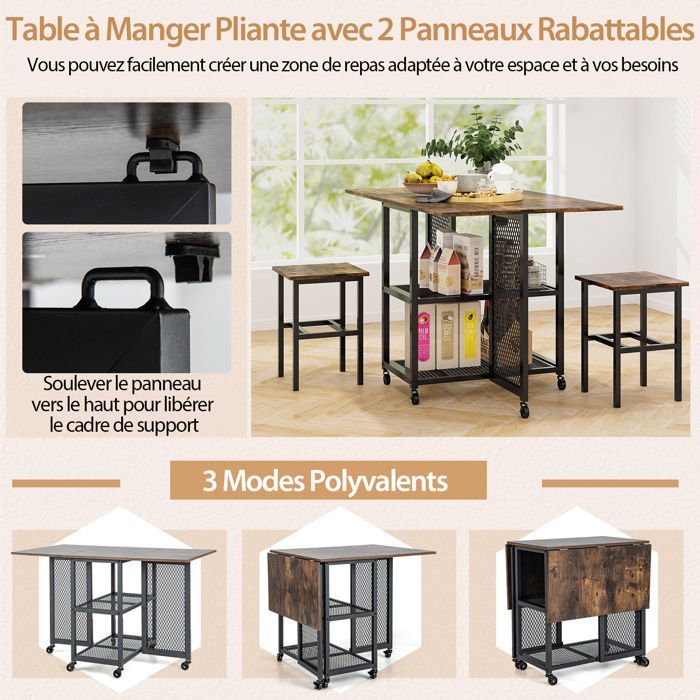 Juego de comedor GIANTEX de 3 piezas: mesa con ruedas y tablero plegable, 2 taburetes, 2 estantes, ideal para cocina y sala de estar.