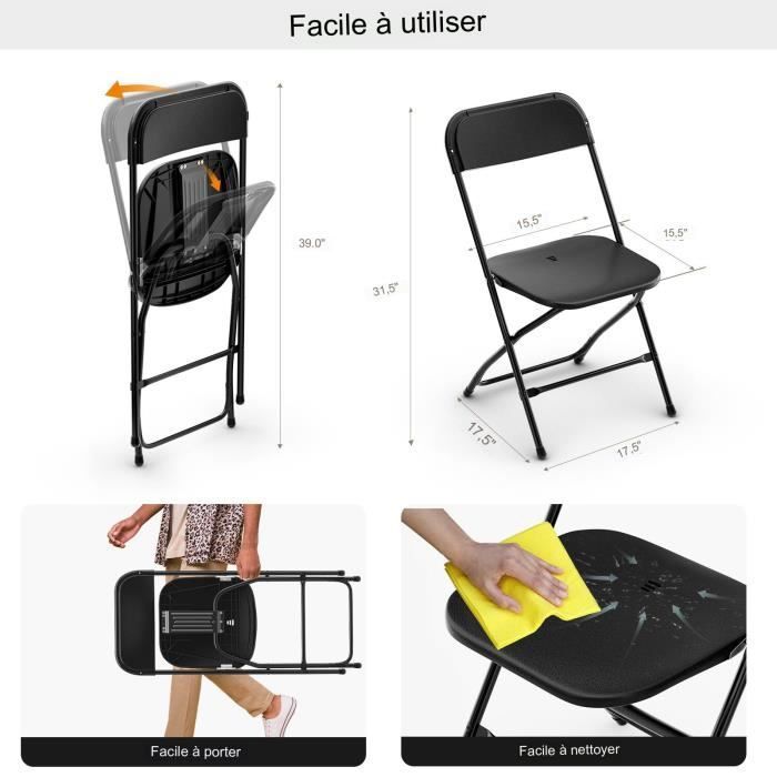 Lot de 4 chaises pliantes en plastique noir, sièges commerciaux empilables portables intérieurs et extérieurs avec cadre en acier