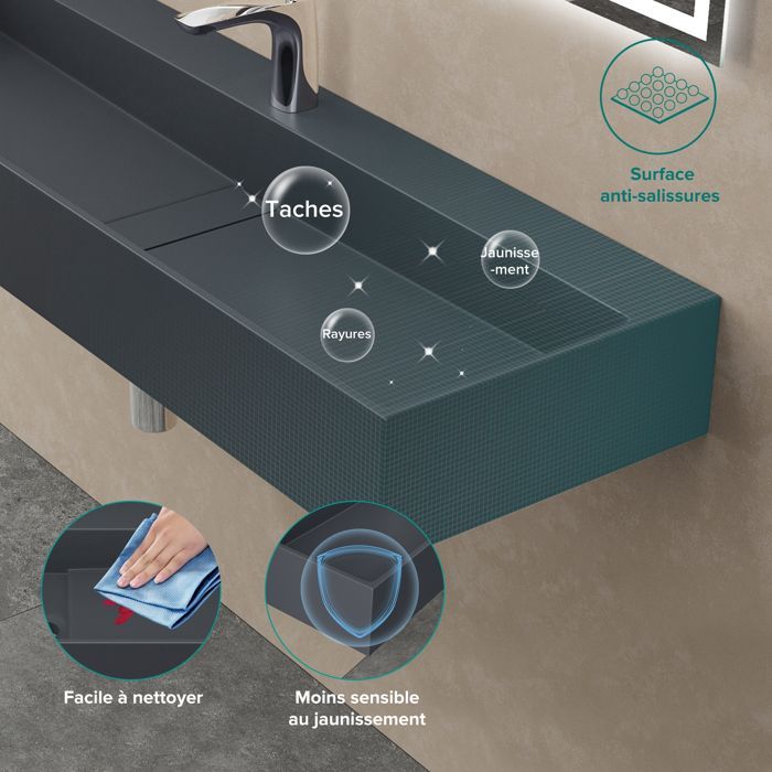 Lavabo de encimera doporro, gris mate/negro, lavabo de baño mural de 80 cm, lavabo rectangular con tapa de desagüe, Colossum6028