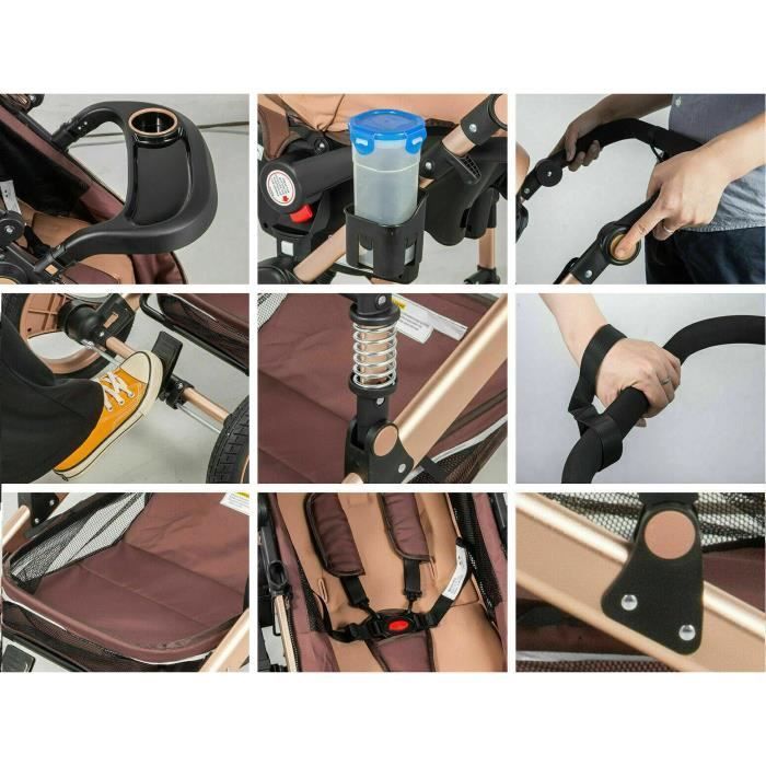 Poussette Bébé Combinée Trio Pack 3 en 1 Marron Chassis Haut a Absorption de Chocs Pliable Siege Auto Réversible Roues Increvables