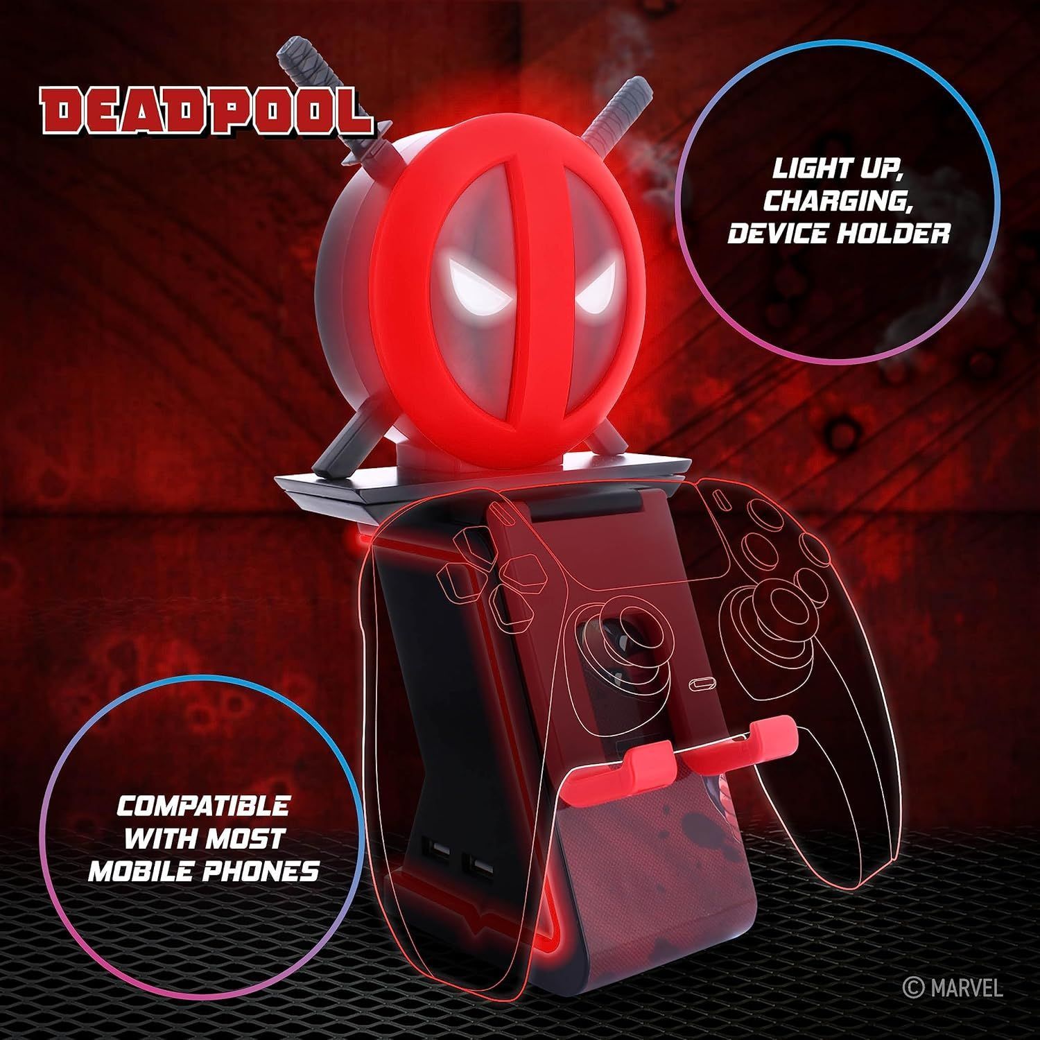Figura de Deadpool de Marvel Ikon Light - EXQUISITE GAMING - Cable Guys - Soporte para auriculares, smartphone o accesorios pequeños - 25 cm