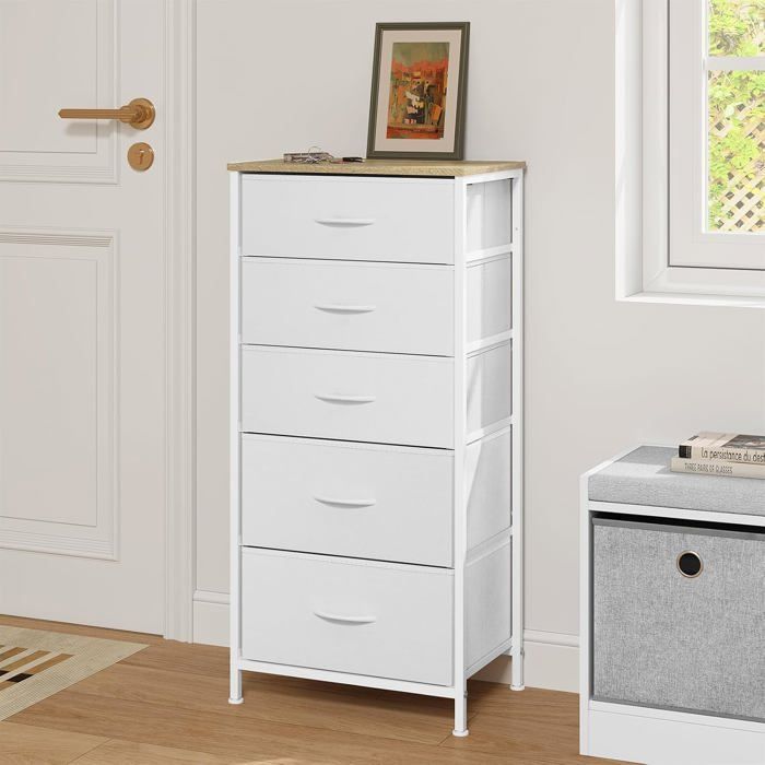 Commode - WOLTU - Armoire de Rangement - 5 Tiroirs en Tissu - MDF et métal - Blanc W0ITT5009