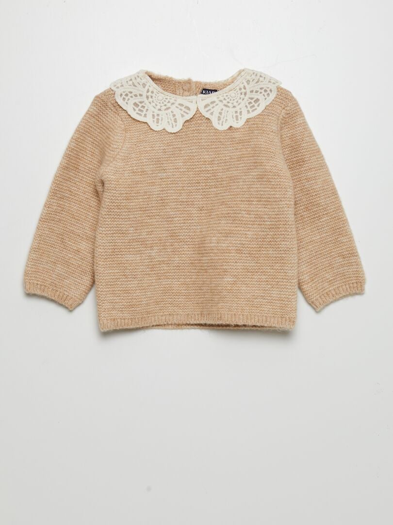 Ainaoikeinneulottu neulepusero kuviollisella kauluksella - BEIGE