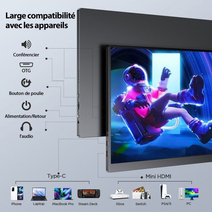 UPERFECT Moniteur portable 16 pouces 2560*1600 2K 120HZ, compatible VESA, avec ports miniHDMI, Type C, OTG