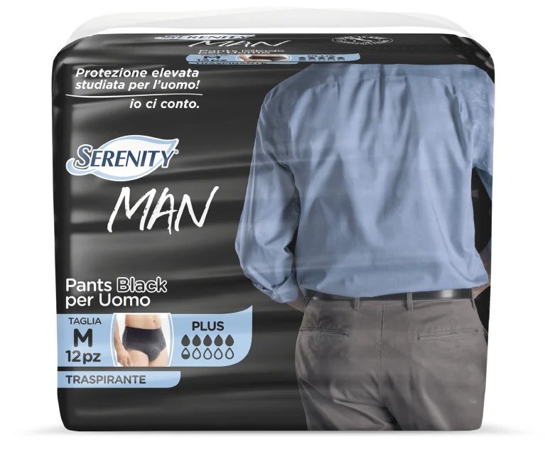 Pañales Serenity para hombre, color negro, talla mediana, 12 unidades.
