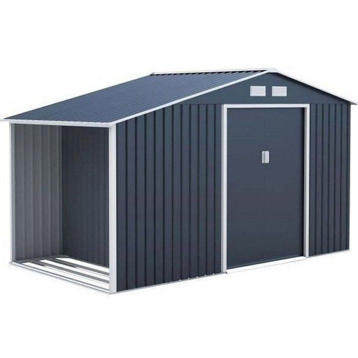Abri de jardin en métal et abri bûches 6,53 m² - 342 x 191 x 202 cm - SOLIS - Kit d'ancrage inclus, 2 portes coulissantes - Gris