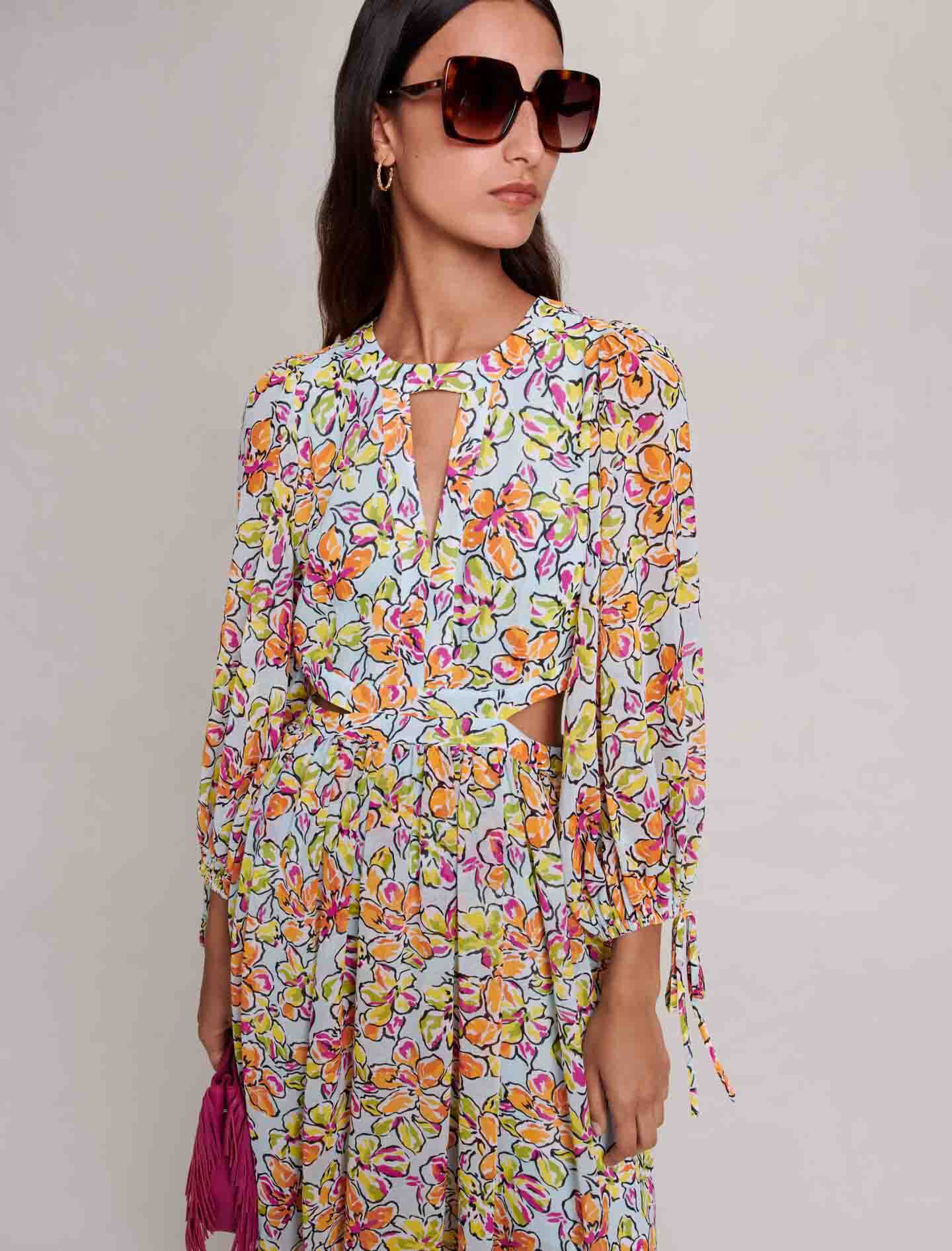 Lange geplooide jurk met print - Hibiscus oranje/blauw