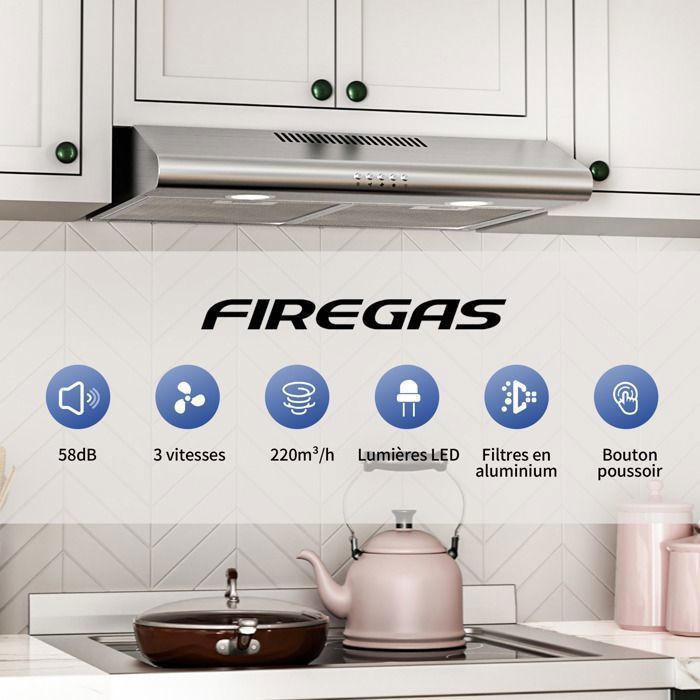 FIREGAS Unterbau-Wandabzugshaube, 60 cm, für Abluft- und Umluftbetrieb, energiesparend, BLDC, Klasse