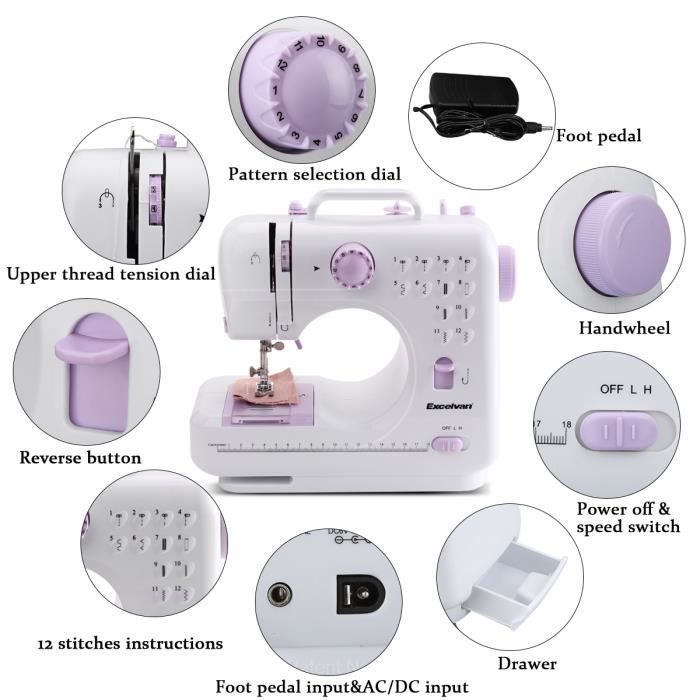Excelvan Electronic Sewing Machine - Beginner - 12 Stitches - Portable - Two Adjustable Speeds