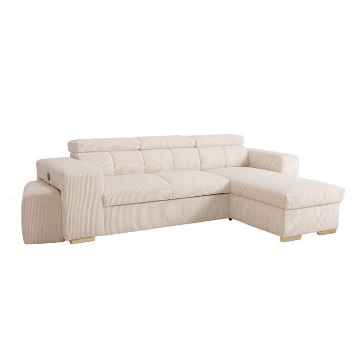 SIRIUS Canapé d'angle reversible convertible Blanc PERLE (velours côtelé )  - Taille M - 4/5 places - 251 x 165 x 94 cm