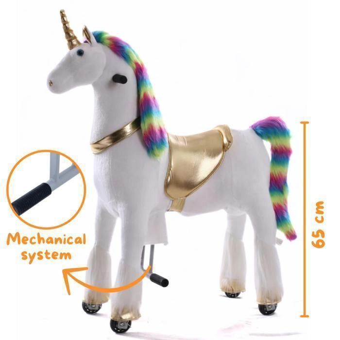VROOOMY Unicorno cavalcabile su ruote - Grande - Arcobaleno - Età 5-9 anni - Movimento meccanico al galoppo - Altezza 65 cm - 45 kg