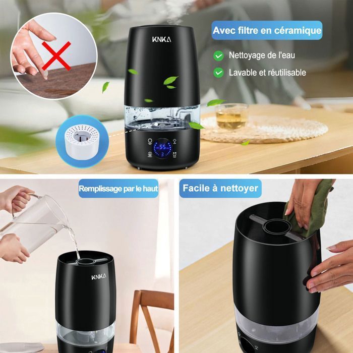 Humidificateur d'air Ultrasonique 4,5L KNKA - Diffuseur d'huiles Essentielles - 300ml/h - Écran LED - Filtre en céramique - 28dB