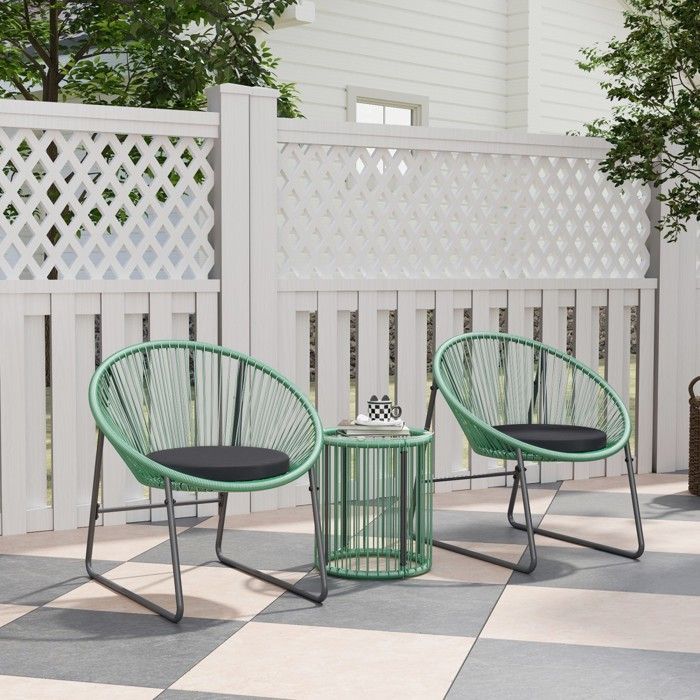 3-teiliges grünes Poly-Rattan-Gartenset: Tisch und 2 Stühle mit strapazierfähigen Kissen