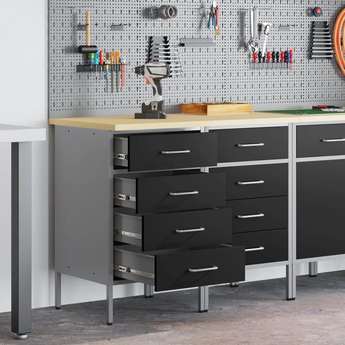 Armario de trabajo industrial - vidaXL - 100x55x85 cm - Negro y gris - Madera de ingeniería y acero - Cerraduras de leva