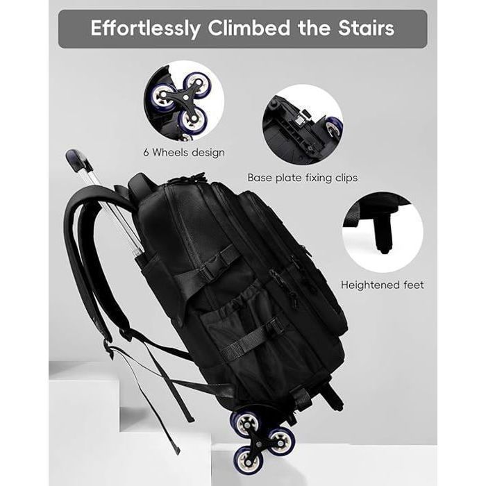 Back to School Backpack with Wheels for Boys - MEGAWISE - Plain - Waterproof Nylon - Black