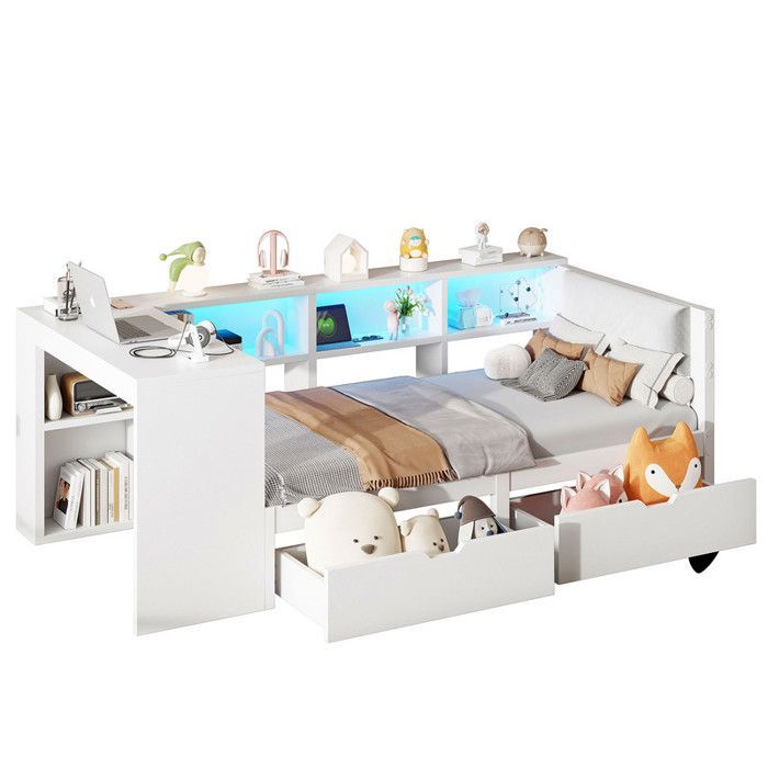 Letto combinato per bambini 90x200 cm - con 2 cassetti e stazione di ricarica - con luci LED colorate - bianco