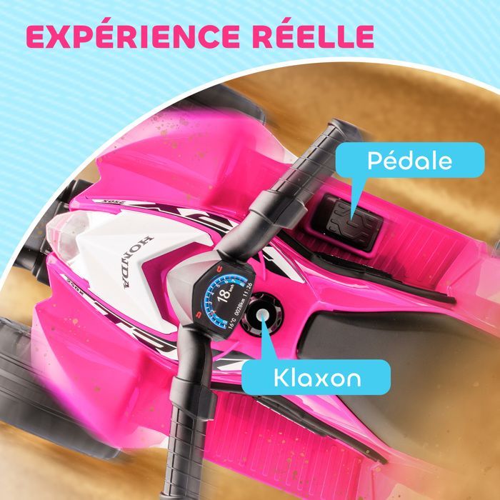 Quad elettrico per bambini - AIYAPLAY - 6V, velocità 2,8 km/h - fari a LED, clacson - manubrio e sella ergonomici, rosa
