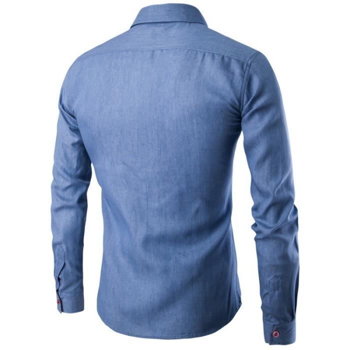Camicia da uomo in denim, maniche lunghe, colletto classico, vestibilità slim, primavera - blu scuro - INSFITY - vestibilità slim - denim di cotone
