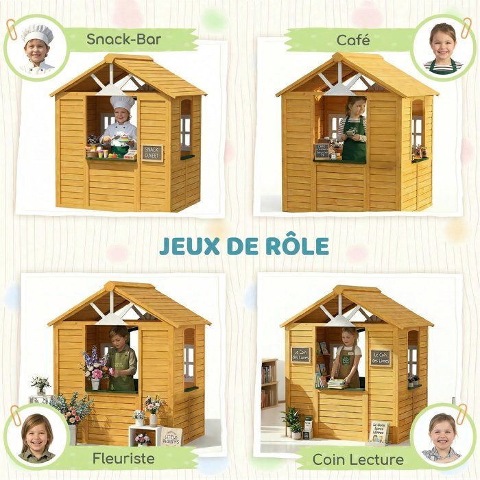 Houten buitenspeelhuisje voor kinderen, met deur, ramen en 2 bloembakken, 134,5 x 97 x 150 cm, bruin