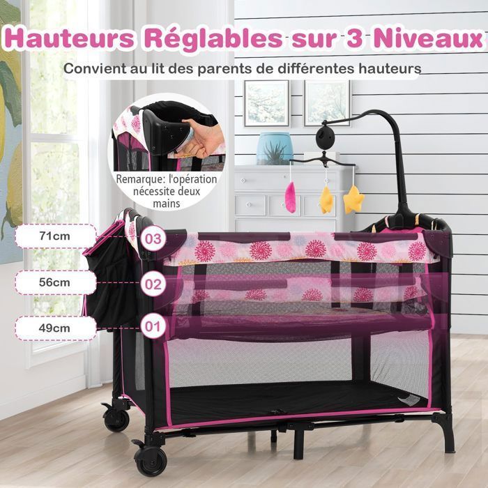 DREAMADE Lit Parapluie Bébé Pliable 3 en 1 avec Table à Lange & Matelas Réglable en Hauteur,avec Jouets,Panier de Rangement