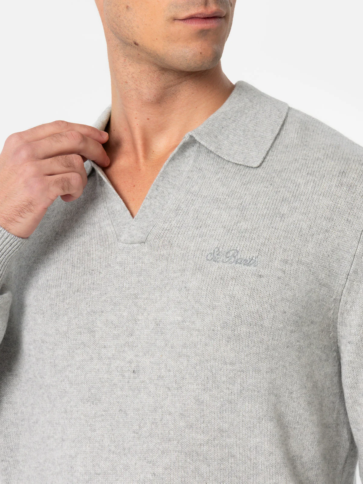 Maglione da uomo con collo a polo in misto cashmere grigio mélange Cov