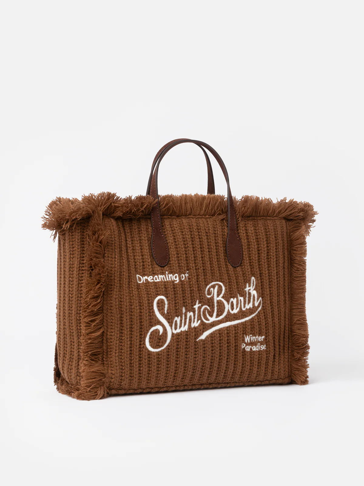 Colette Winterhandtas | Fluweel met franjes, bruin ribgebreid, Saint Barth-logo, afneembare schouderband | MC2 Saint Barth