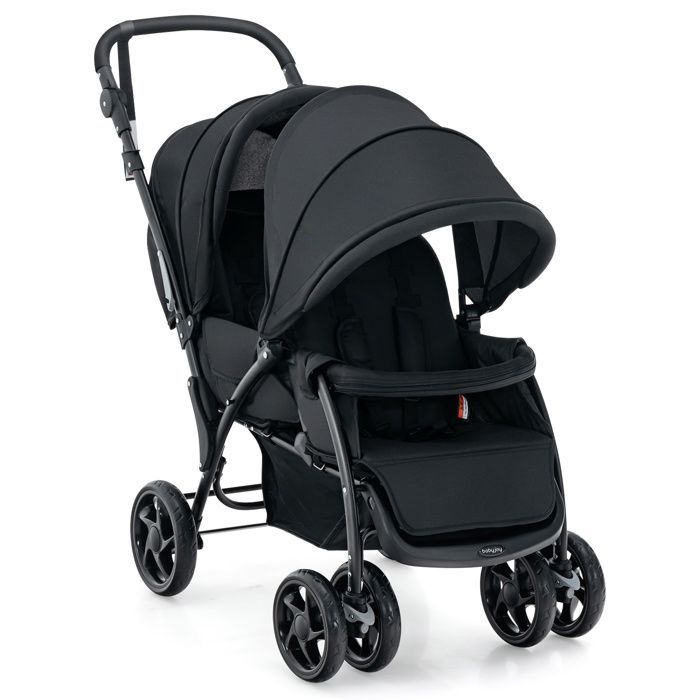 DREAMADE Lichtgewicht opvouwbare duowandelwagen voor 2 baby's, tandemzitje, verstelbare rugleuningen en voetsteunen, ééntrapsrem, zwart